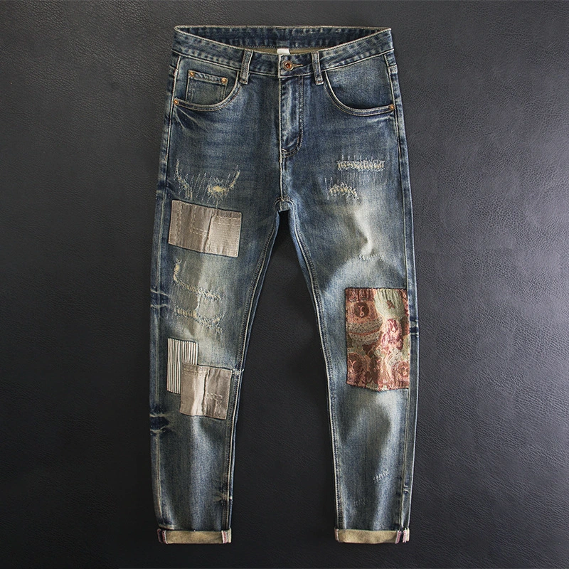 Men's Contrast Color Patch Hole Slim-fit Pants
