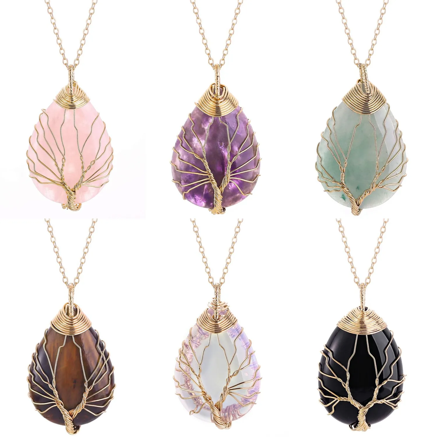 Drop-shaped Rough Stone Natural Crystal Tree Of Life Pendant