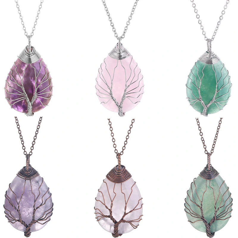 Drop-shaped Rough Stone Natural Crystal Tree Of Life Pendant