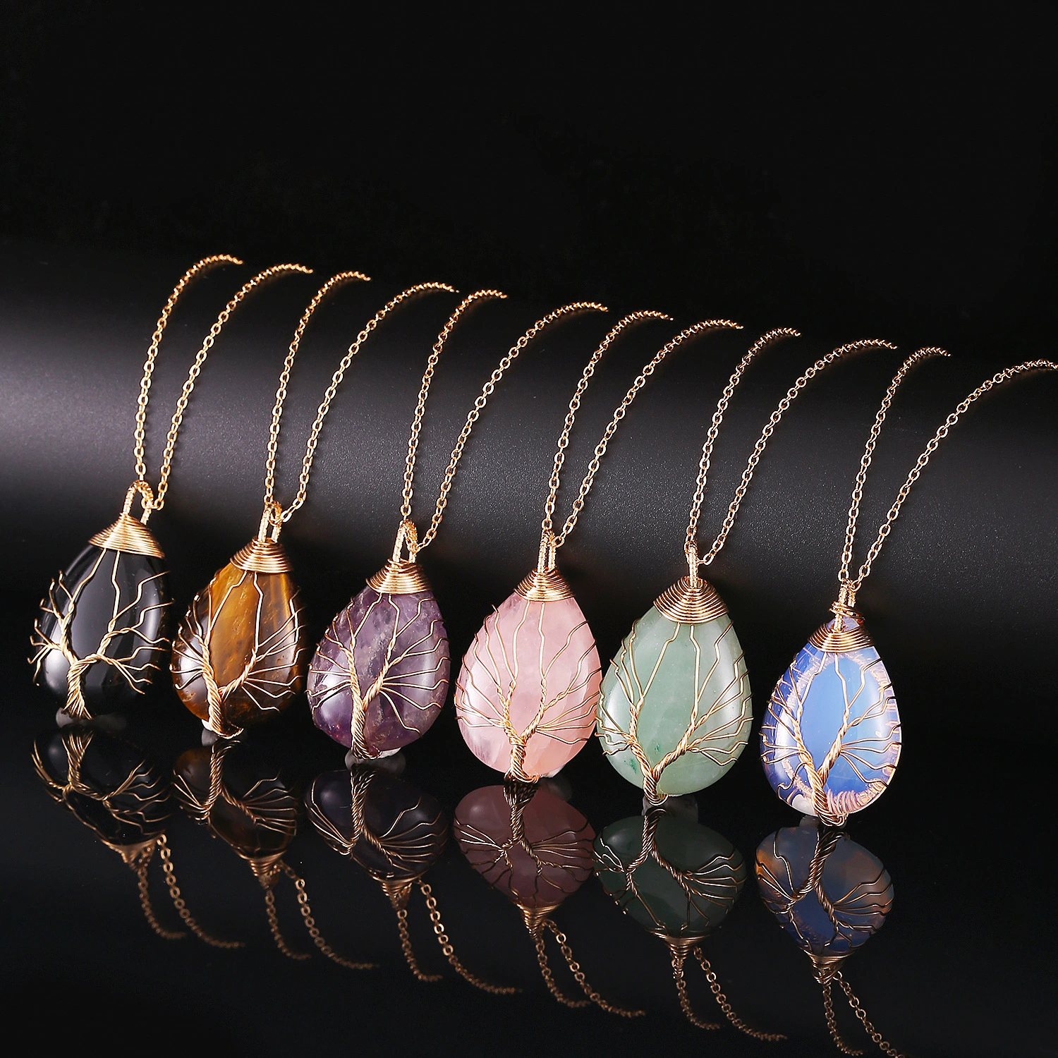 Drop-shaped Rough Stone Natural Crystal Tree Of Life Pendant