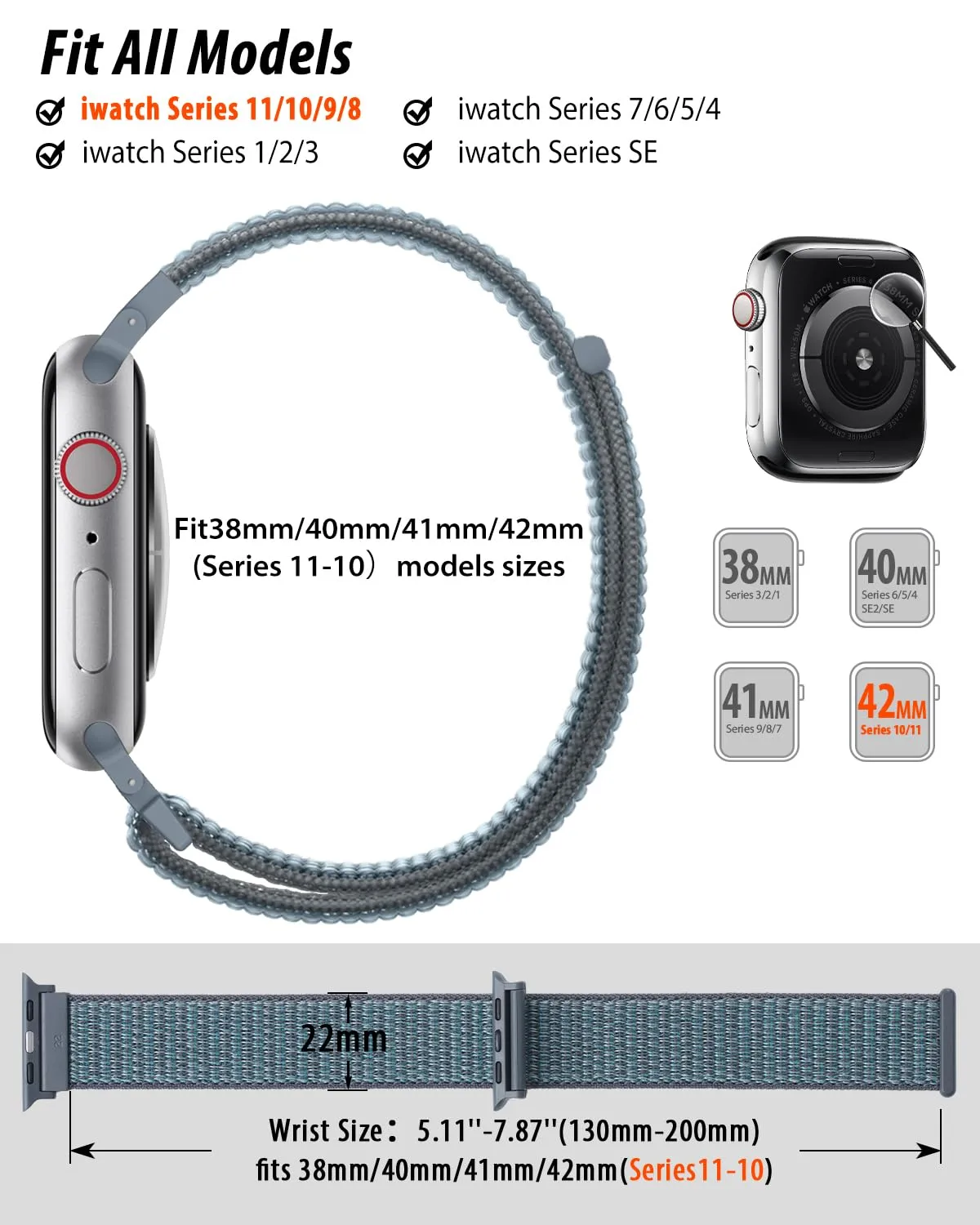 Nylon Loop Sport Band Compatible with Apple Watch Bands 38mm 40mm 41mm 42mm for Women Men, iWatch Wrist Straps for Se, Series 11 10 9 8 7, Breathable, Soft Band Ideal for Outdoor