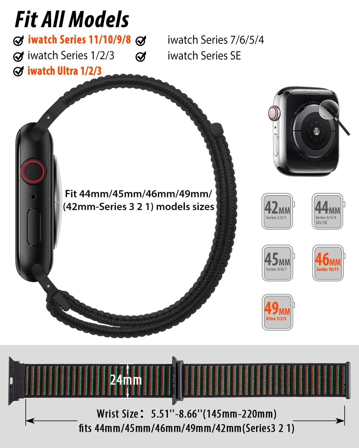 Nylon Loop Sport Band Compatible with Apple Watch Bands 44mm 45mm 46mm 49mm 42mm for Women Men, iWatch Wrist Straps for Ultra 3 2, Se, Series 11 10 9 8 7, Breathable, Soft Band Ideal for Outdoor
