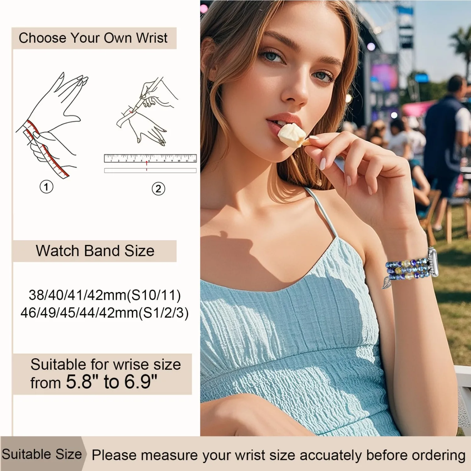 Bracelet Beaded Bands for Women Compatible with Apple Watch 42mm(S3/2/1) 44mm 45mm 46mm 49mm Fashion Handmade Boho Elastic Stretch Strap for iWatch Series 11/10/9/8/7/6/5/4/3/2/1/SE/Ultra