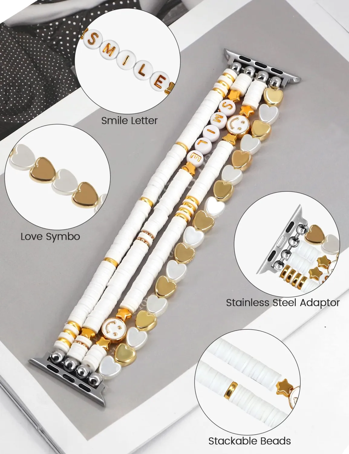 JR.DM Beaded Bracelet Compatible with Apple Watch 40mm 38mm 41mm 42mm Women Kids Girls Cute Fashion Preppy Stackable Handmade Stretchy Watch Strap for iWatch Series 11/10/9/8/7/SE/6/5/4/3/2/1