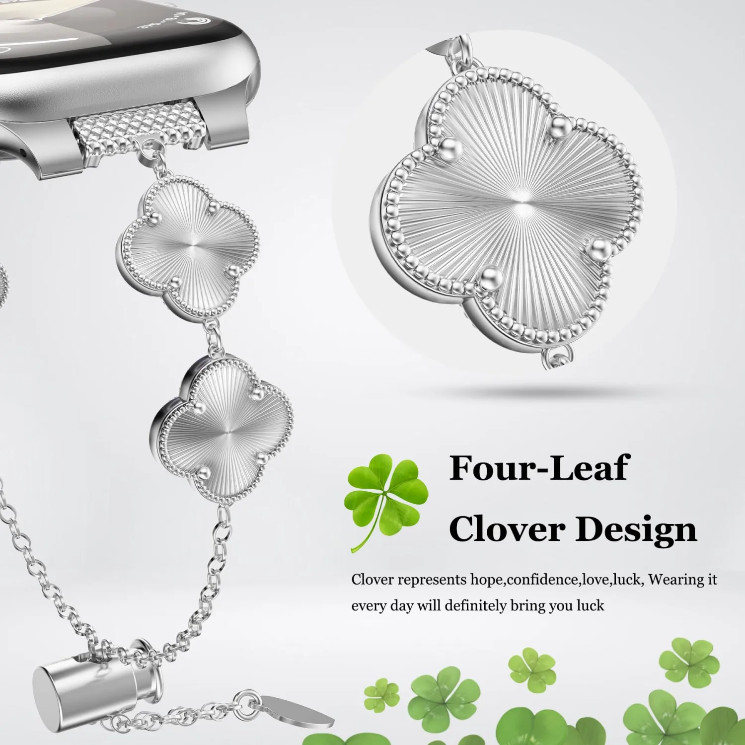 YMHML Lucky Clover Band Compatible for Apple Watch Bands for Women 40mm 41mm 42mm 44mm 45mm 46mm 49mm 38mm, Adjustable Bracelet, Dressy Jewelry Metal Strap iWatch Series 11 10 9 8 7 6 5 4 3 SE Ultra