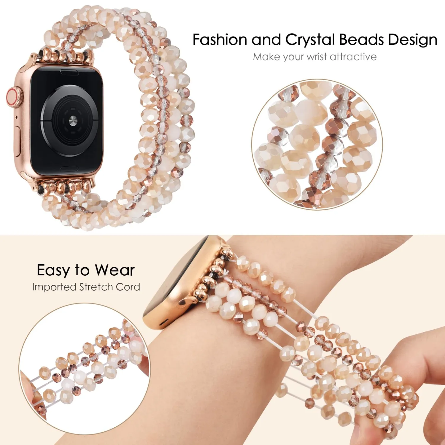 KOREDA Beaded Bracelet Compatible for Apple Watch Band 38mm 40mm 41mm 42mm 44mm 45mm 46mm Series 11 10 9 8 7 SE 6 5 4 Women, Fashion Cute Handmade Elastic Pearl Beads Stretch Strap for iWatch Bands 3/2/1