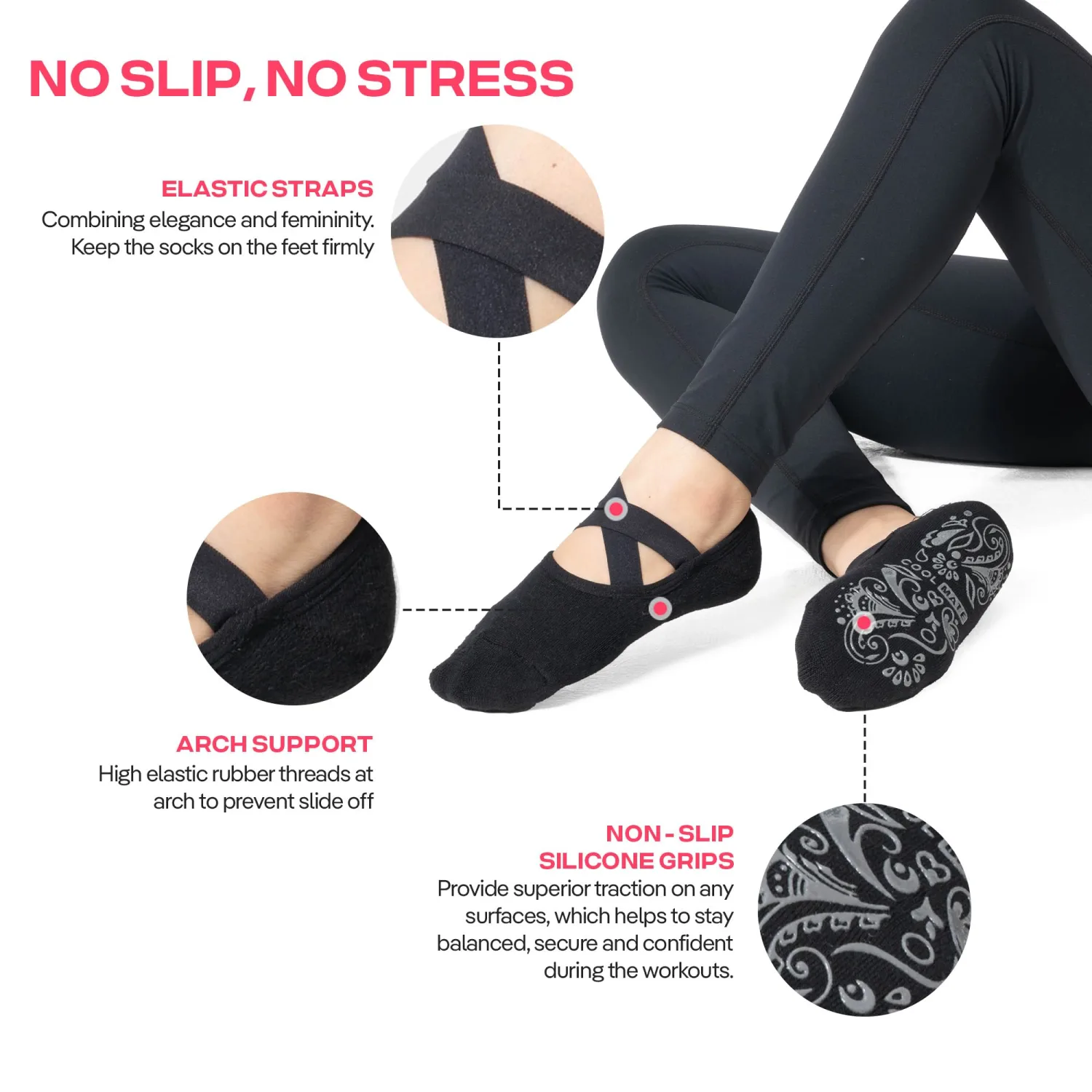 CoolMate Pilates Socks with Grips for Women, Yoga Socks, Crew Non Slip Women for Barre, Pilates Gifts