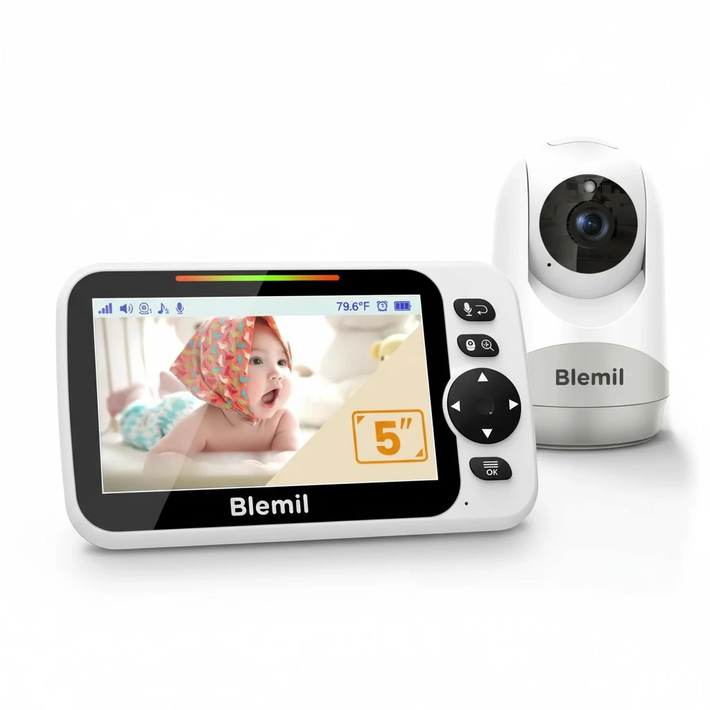 Blemil Baby Monitor with 30-Hour Battery, 5" Large Split-Screen Video Baby Monitor with Camera and Audio, 3500mAh Battery, Remote Pan/Tilt/Zoom Camera, Two-Way Talk, Night Vision, Lullabies, No WiFi