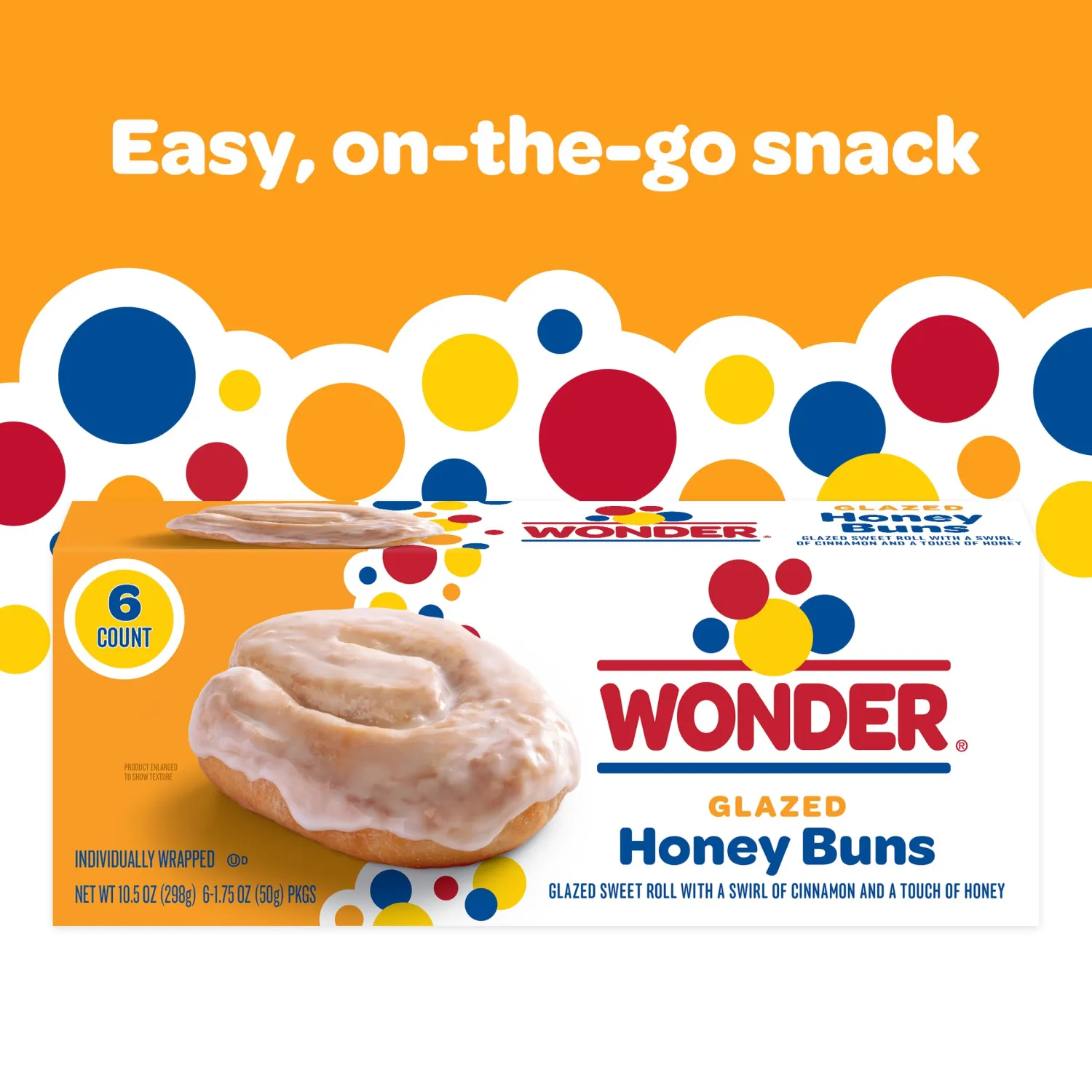 Wonder Glazed Honey Buns, Individually Wrapped Pastry Snacks, 6 Count