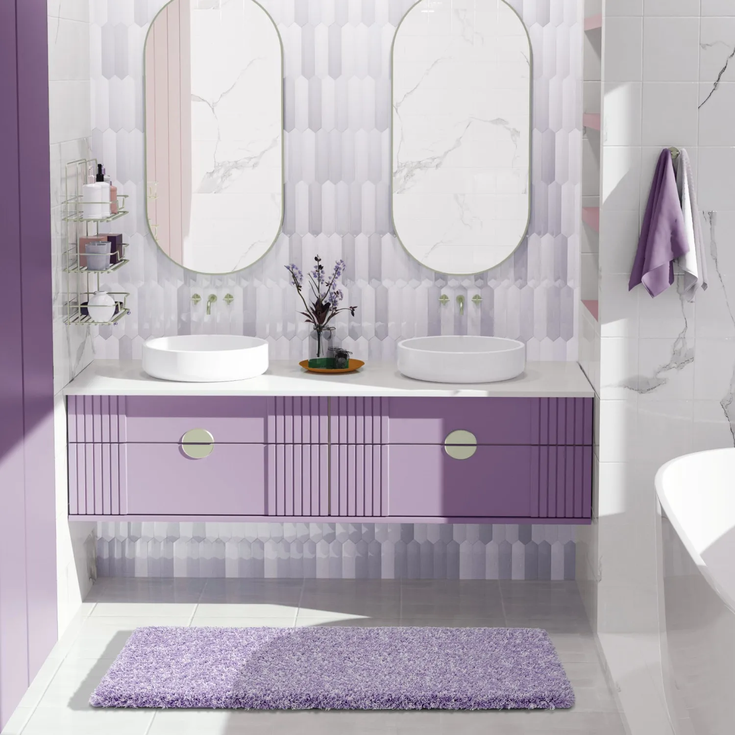 Yimobra Luxury Bathroom Rugs, Fluffy Bath Mats, Non Slip, Water Absorbent Microfiber, Machine Washable, Plush Soft Runner Shower Rugs, Thick Matts for Bathroom Floor&Tub, 47"x 24", Purple and White