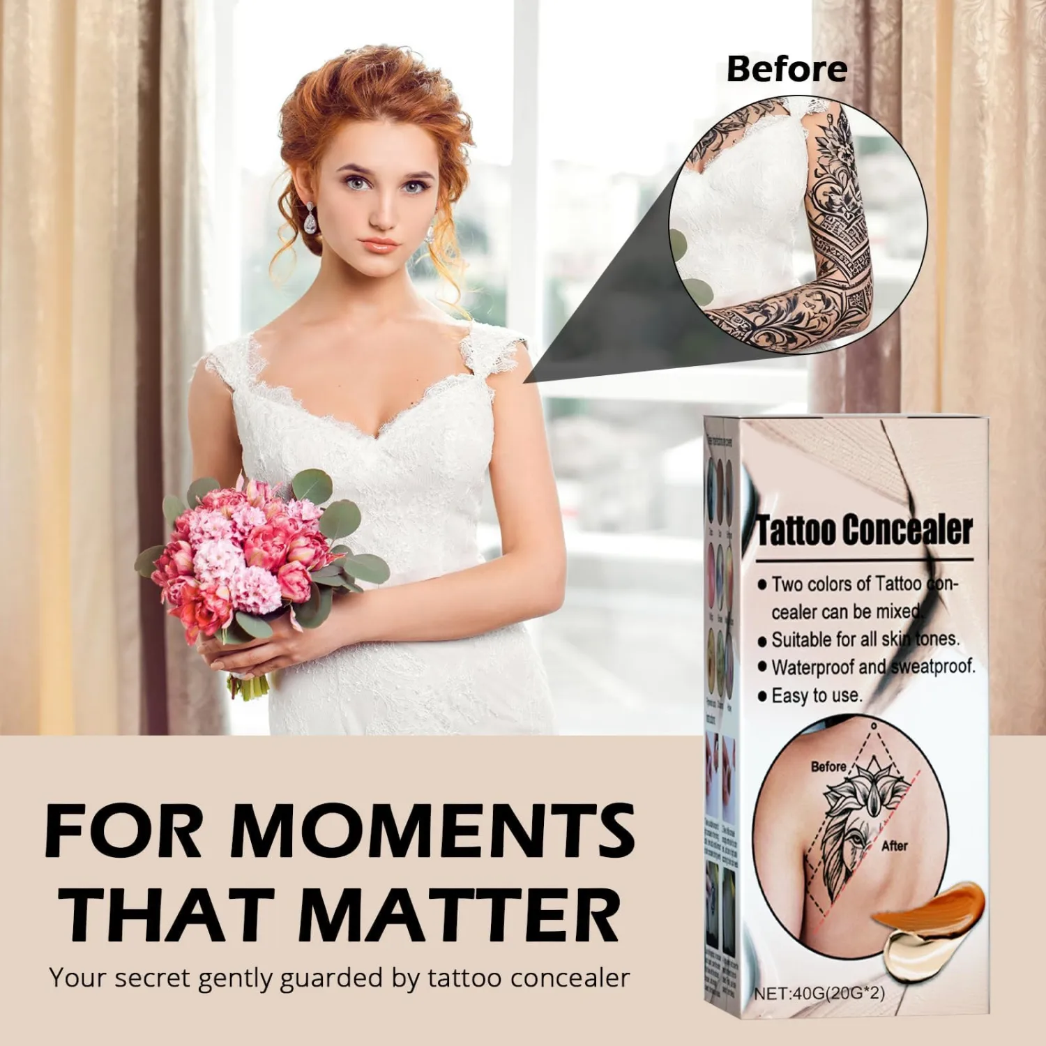 Tattoo Cover Up Makeup Waterproof,2 Color Long Lasting Tattoo Concealer for Body,Invisible Tattoos,Scars, Vitiligo,Long-Lasting Natural Coverage, Waterproof & Sweatproof