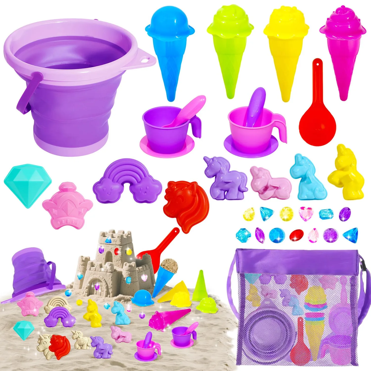 Bbiamsleep Purple Collapsible Beach Bucket Set, Collapsible Foldable Beach Sand Buckets and Shovels Set for Party Camping Gear Travelling Fishing Water Pail