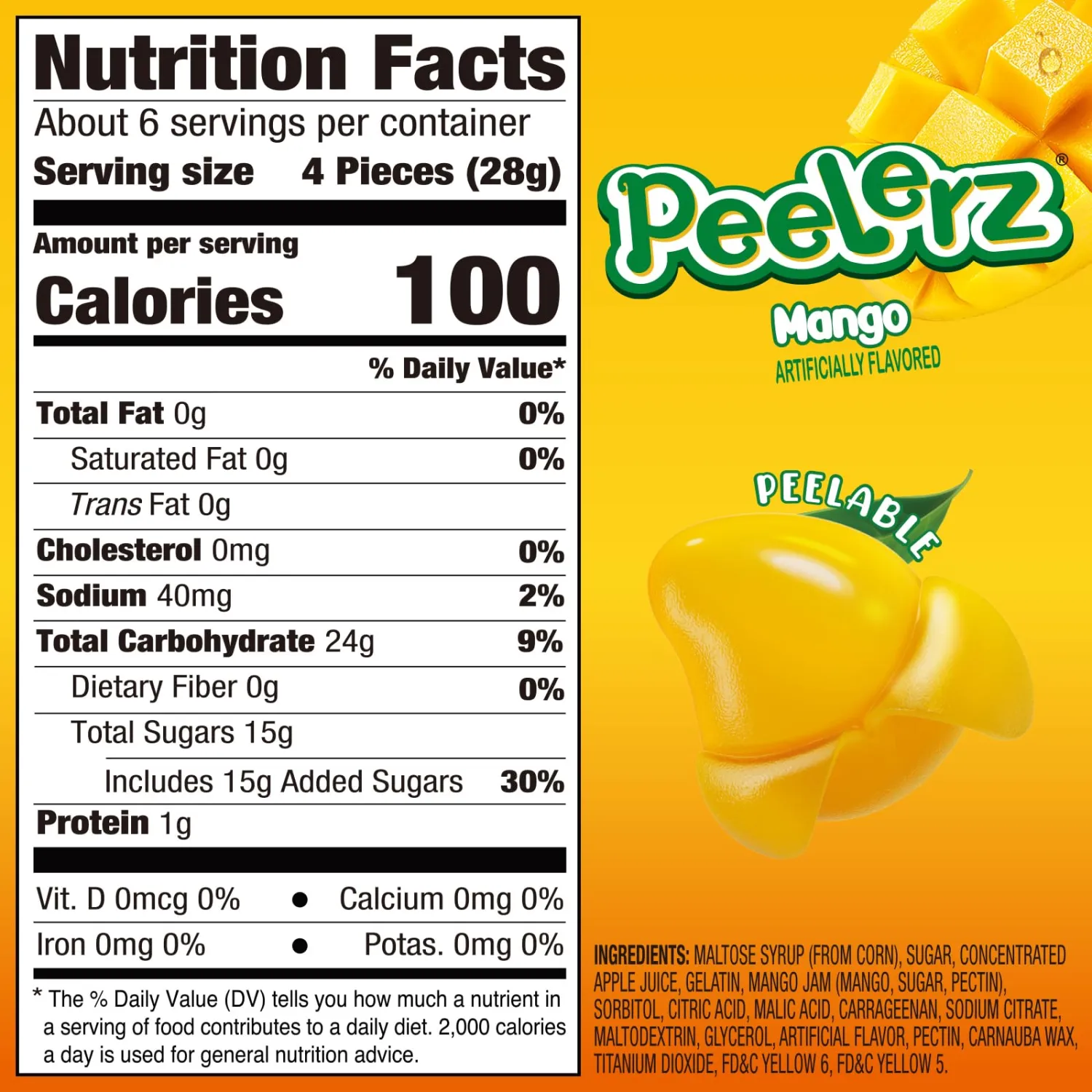 AMOS Peelerz Mango Peelable Gummy Candy, 6oz (170g) – Peelable Gummy Made with Real Fruit Juice, Resealable Bag, Fun Peeling Candy Snack for Kids and Adults
