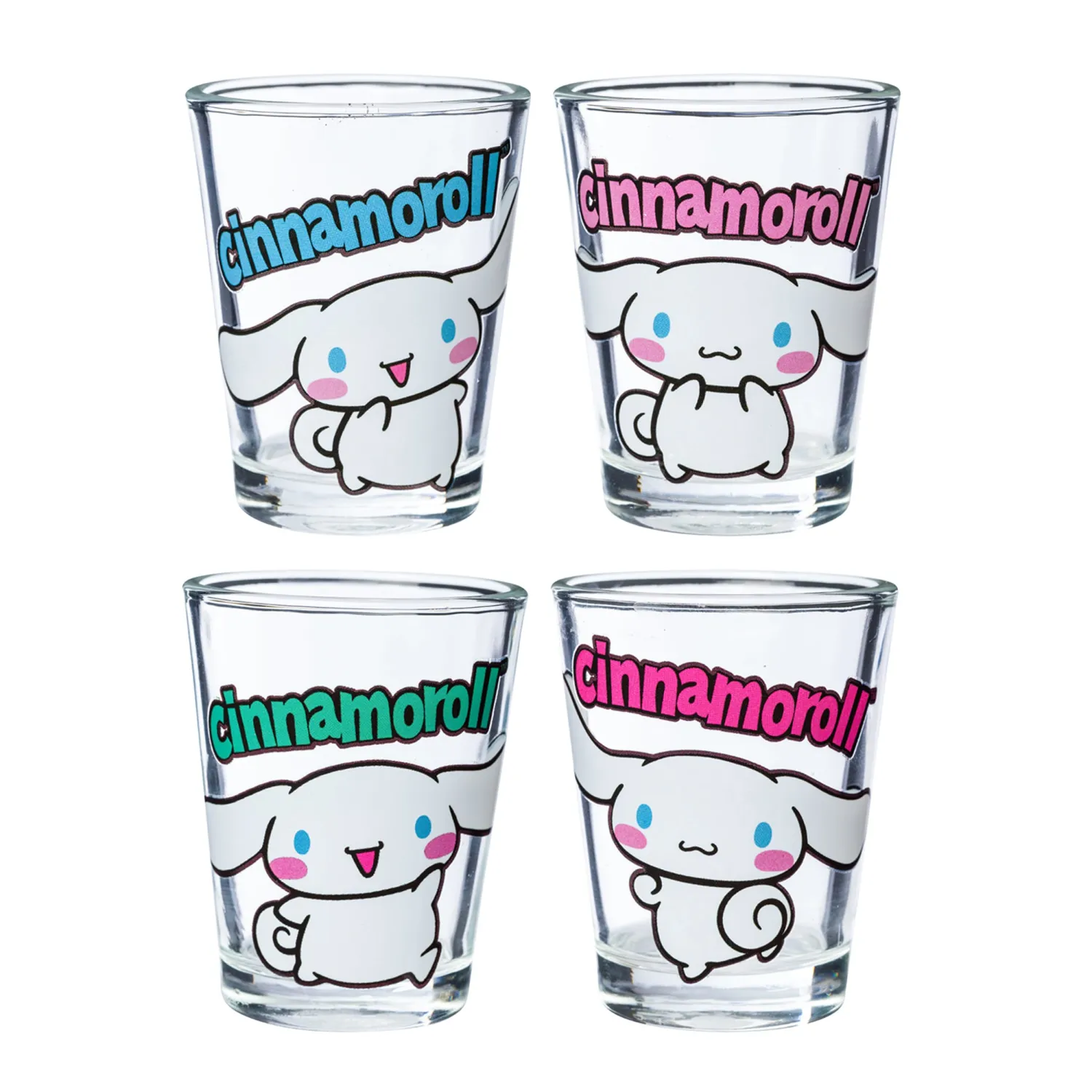 Silver Buffalo Sanrio Hello Kitty and Friends Cinnamoroll Poses 4 Pack Mini Glass Set, 1.5 Ounces