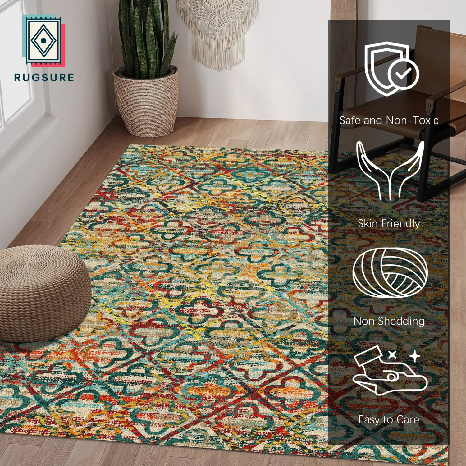 RUGSURE Washable Area Rugs, 3' x 5 ' - 1/6 Thick - Stain & Water Resistant Non-Slip - Perfect Resistant Rug for Living Room, Bedroom, Nursery, Pet & Child Friendly, Vibrant Colors Rugs, Multicolor