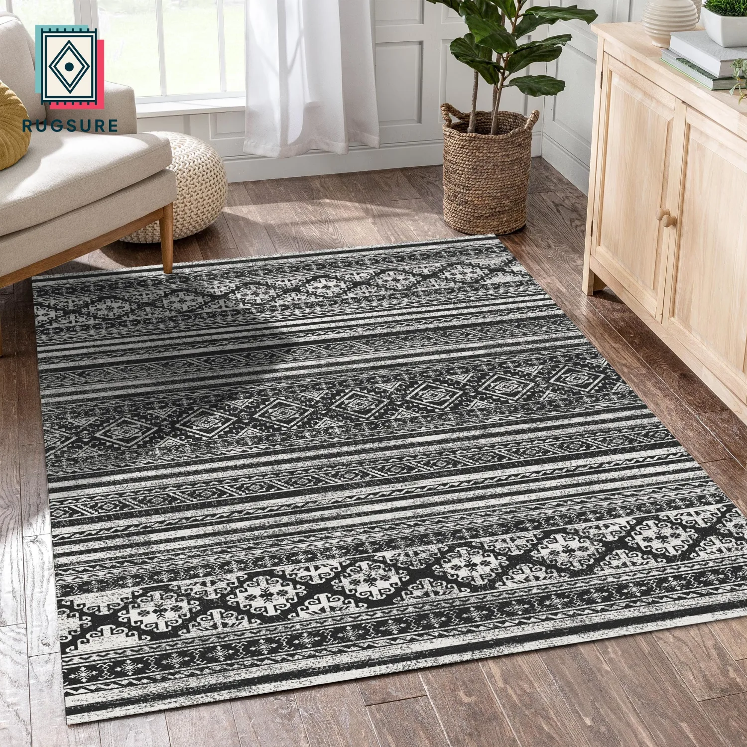 RUGSURE Washable Area Rugs 4' x 6' - 1/6 Thick - Moroccan-Inspired -Stain & Water Resistant Non-Slip - Resistant Rug for Living Room, Bedroom, Nursery, Pet & Child Friendly (Black)