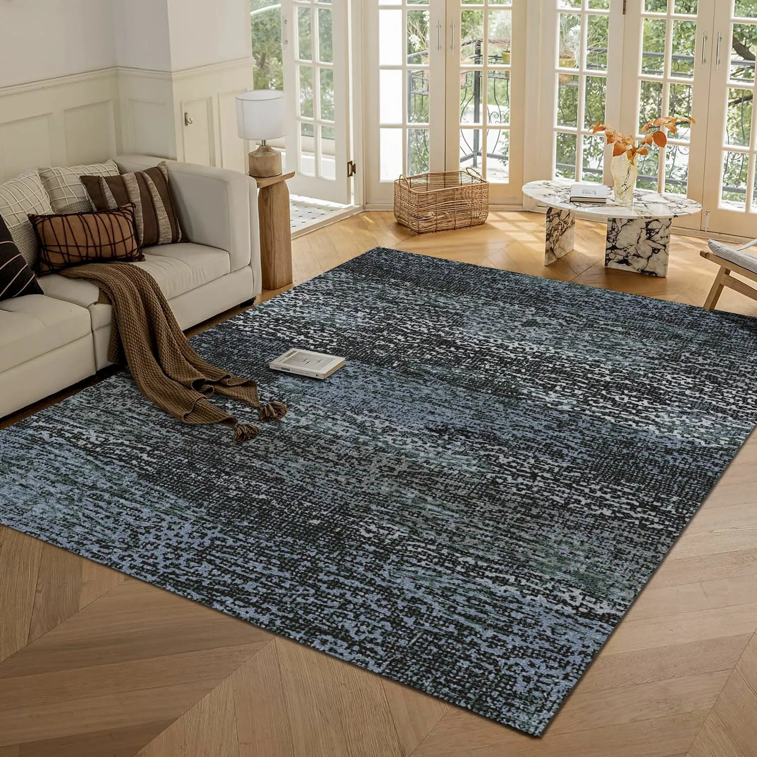 RUGSURE Washable Area Rug - 1/6 Thick - Stain & Water Resistant Non-Slip - Resistant Rug for Living Room, Bedroom, Nursery, Pet & Child Friendly, Vintage Charm Area Rugs (Darkgrey+Bule, 4' x 6')