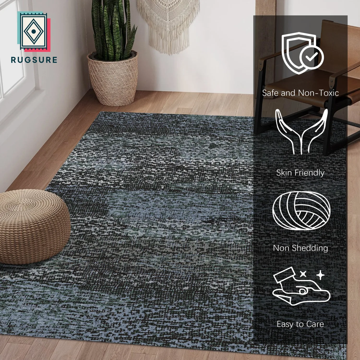 RUGSURE Washable Area Rug - 1/6 Thick - Stain & Water Resistant Non-Slip - Resistant Rug for Living Room, Bedroom, Nursery, Pet & Child Friendly, Vintage Charm Area Rugs (Darkgrey+Bule, 4' x 6')
