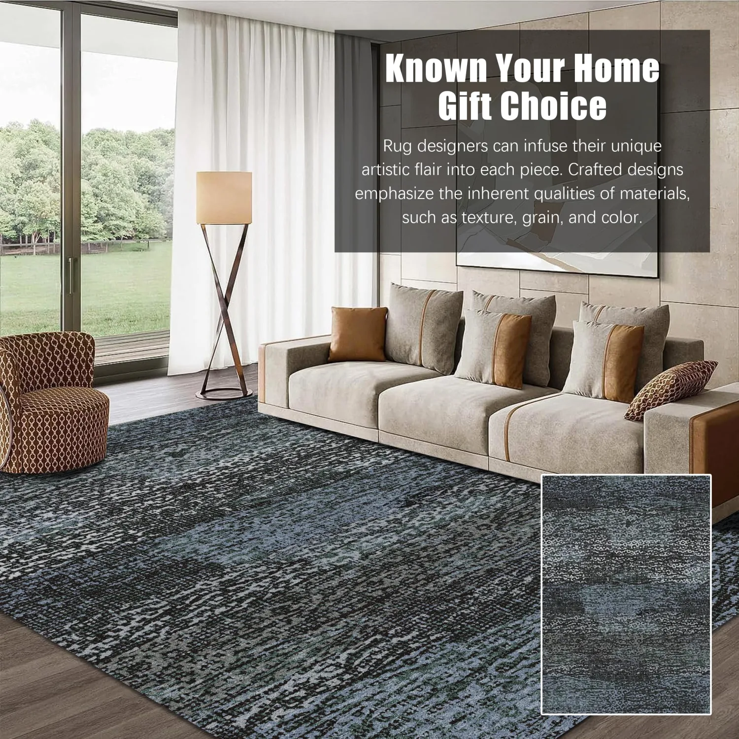 RUGSURE Washable Area Rug - 1/6 Thick - Stain & Water Resistant Non-Slip - Resistant Rug for Living Room, Bedroom, Nursery, Pet & Child Friendly, Vintage Charm Area Rugs (Darkgrey+Bule, 4' x 6')