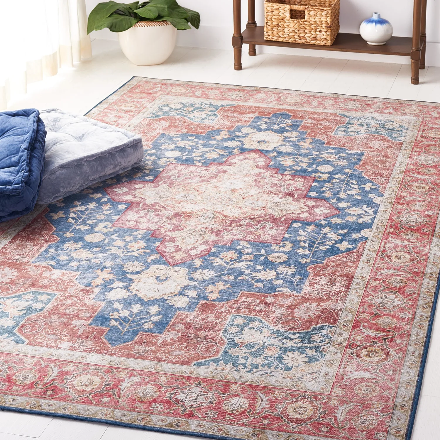 SAFAVIEH Washable Rug Tucson Collection - 3' x 5', Navy & Rust, Slip Resistant & Easy to Clean, Ideal for Foyer, Entryway, Kitchen, Bedroom (TSN105N)