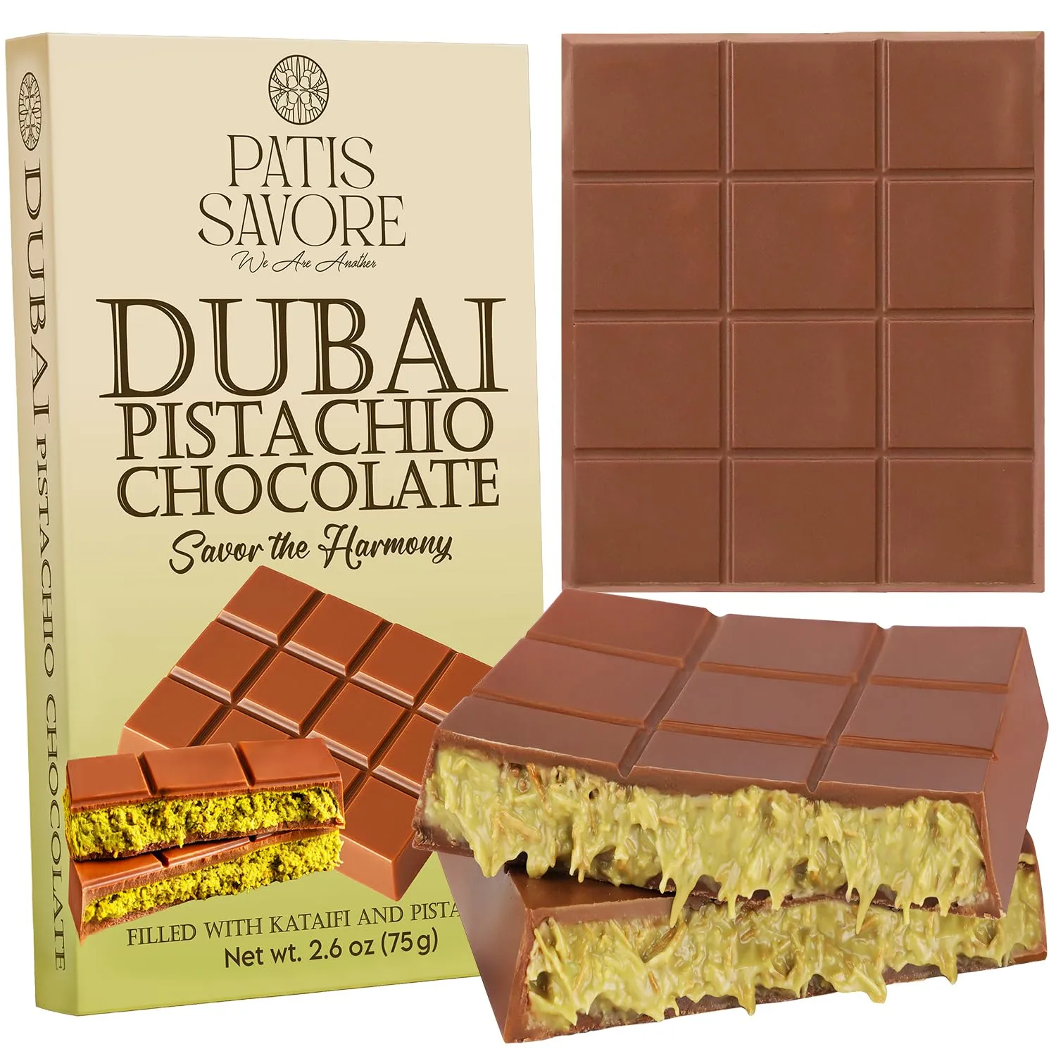 Dubai Chocolate Bar Pistachio – 2.6 oz Premium Dessert with Pistachio Cream & Kataifi Filling | Gourmet Dubai Chocolate Filling | Elegant Gift Chocolate