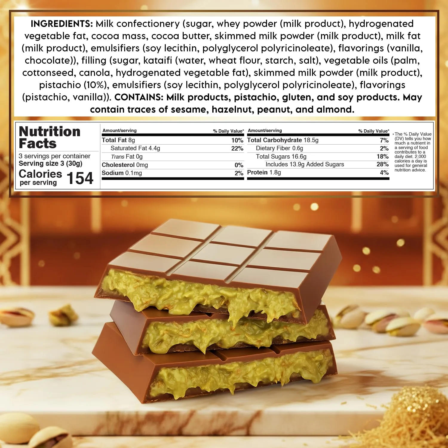 Dubai Chocolate Bar Pistachio – 2.6 oz Premium Dessert with Pistachio Cream & Kataifi Filling | Gourmet Dubai Chocolate Filling | Elegant Gift Chocolate