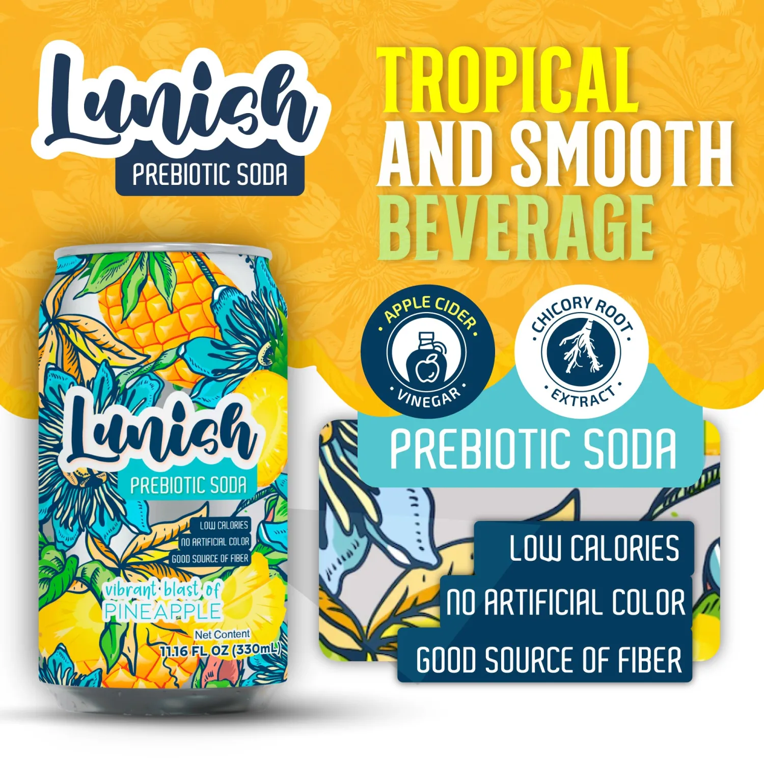 Lunish Prebiotic Soda, Pineapple Sabor Piña, Gut-Friendly & Refreshing, with Apple Cider Vinegar & 4g Prebiotic Fiber, 20 Cal, 12-Pack