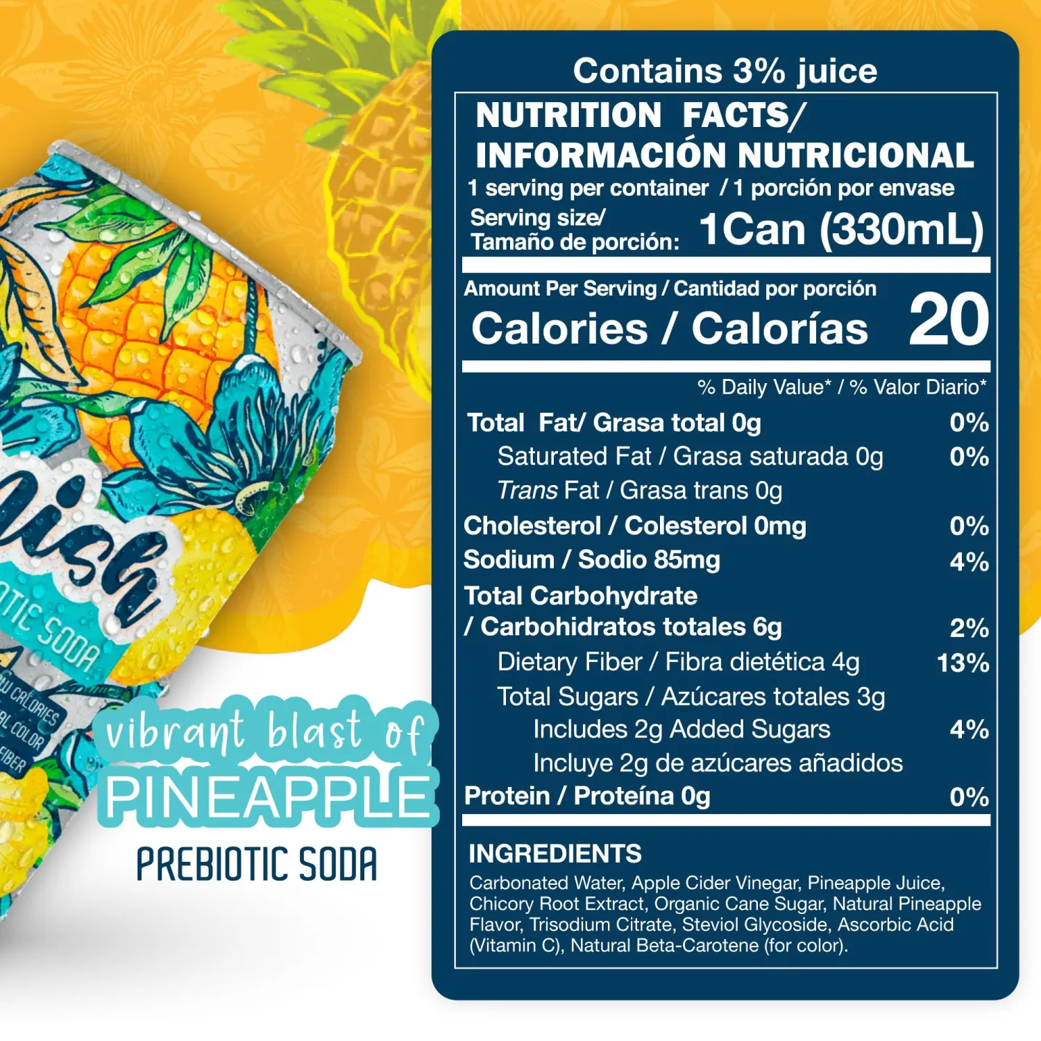 Lunish Prebiotic Soda, Pineapple Sabor Piña, Gut-Friendly & Refreshing, with Apple Cider Vinegar & 4g Prebiotic Fiber, 20 Cal, 12-Pack