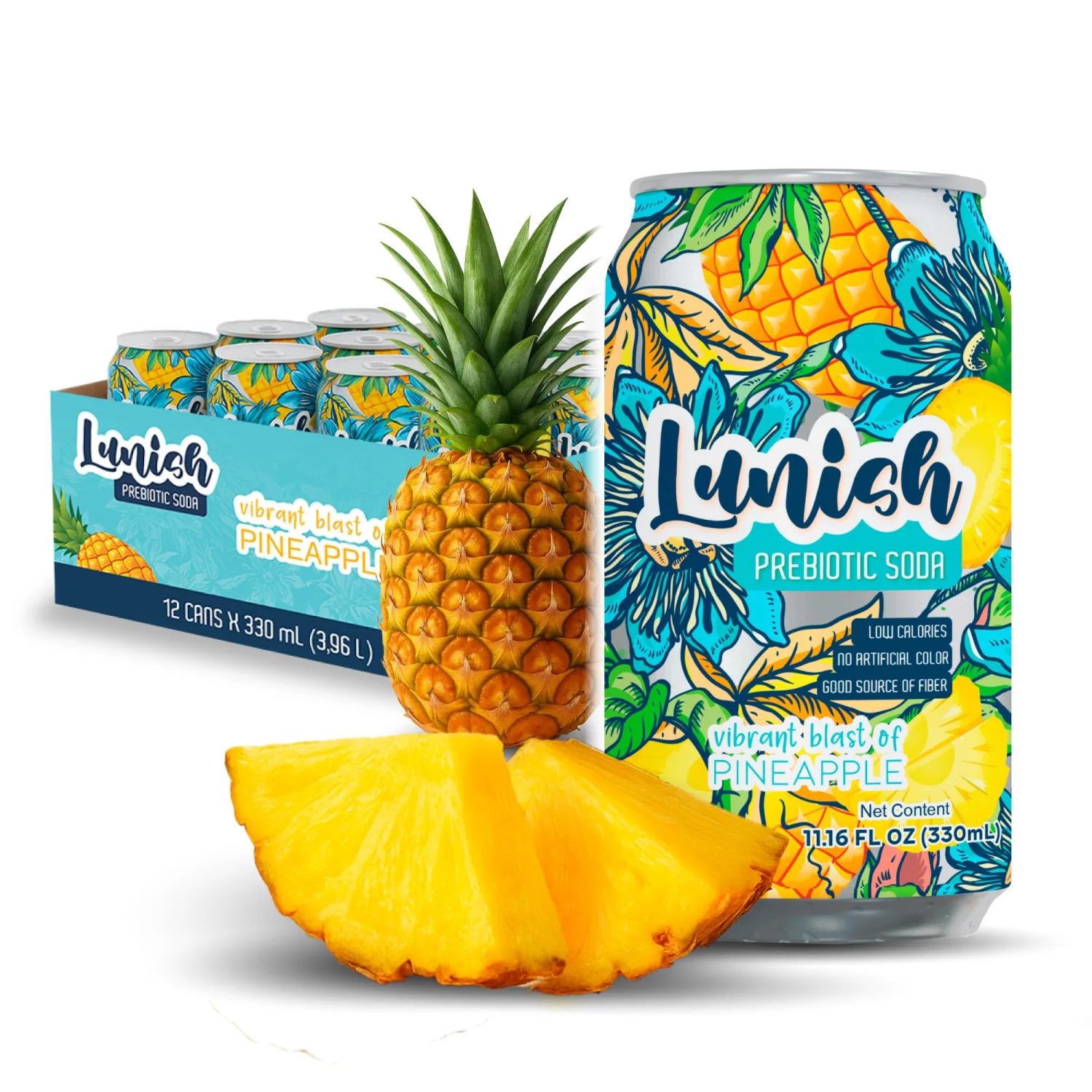 Lunish Prebiotic Soda, Pineapple Sabor Piña, Gut-Friendly & Refreshing, with Apple Cider Vinegar & 4g Prebiotic Fiber, 20 Cal, 12-Pack