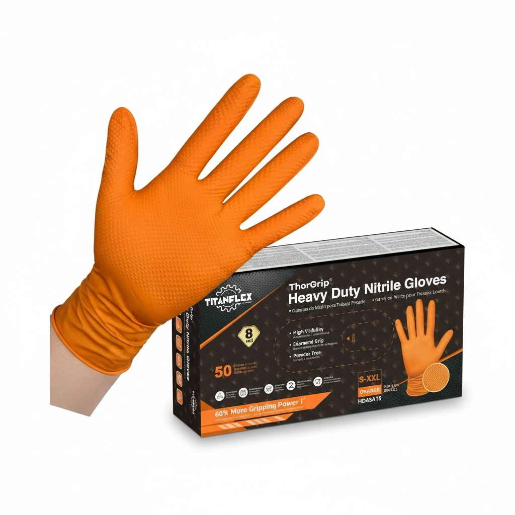 TitanFlex Thor Grip Heavy Duty Industrial Orange Nitrile Gloves with Raised Diamond Texture, 8-mil, Latex Free, Powder Free
