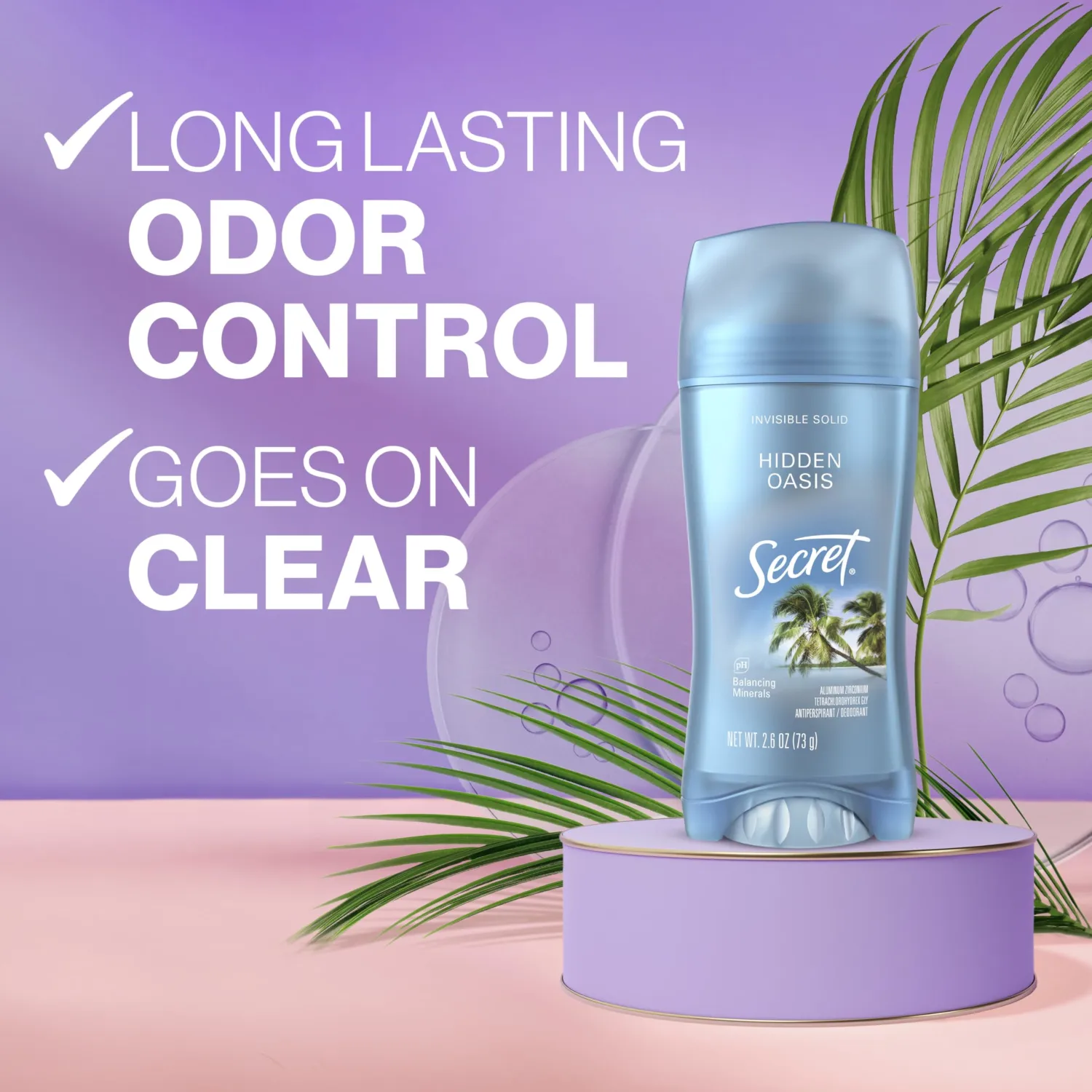 Secret Fresh Antiperspirant Deodorant for Women, 72hr Breathable Sweat & Odor Protection, Instant Freshness & Gentle, PH Balancing Minerals, Invisible Solid, Hidden Oasis Scent, 2.6 oz