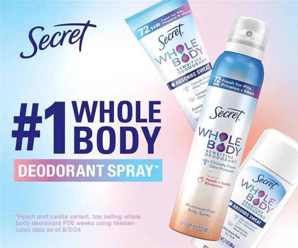 Secret Whole Body Deodorant Dry Feel Cream + Absorbs Sweat for Women, Completely Clean Scent, Aluminum Free Deodorant, 72 HR Odor Protection, 3.0 oz