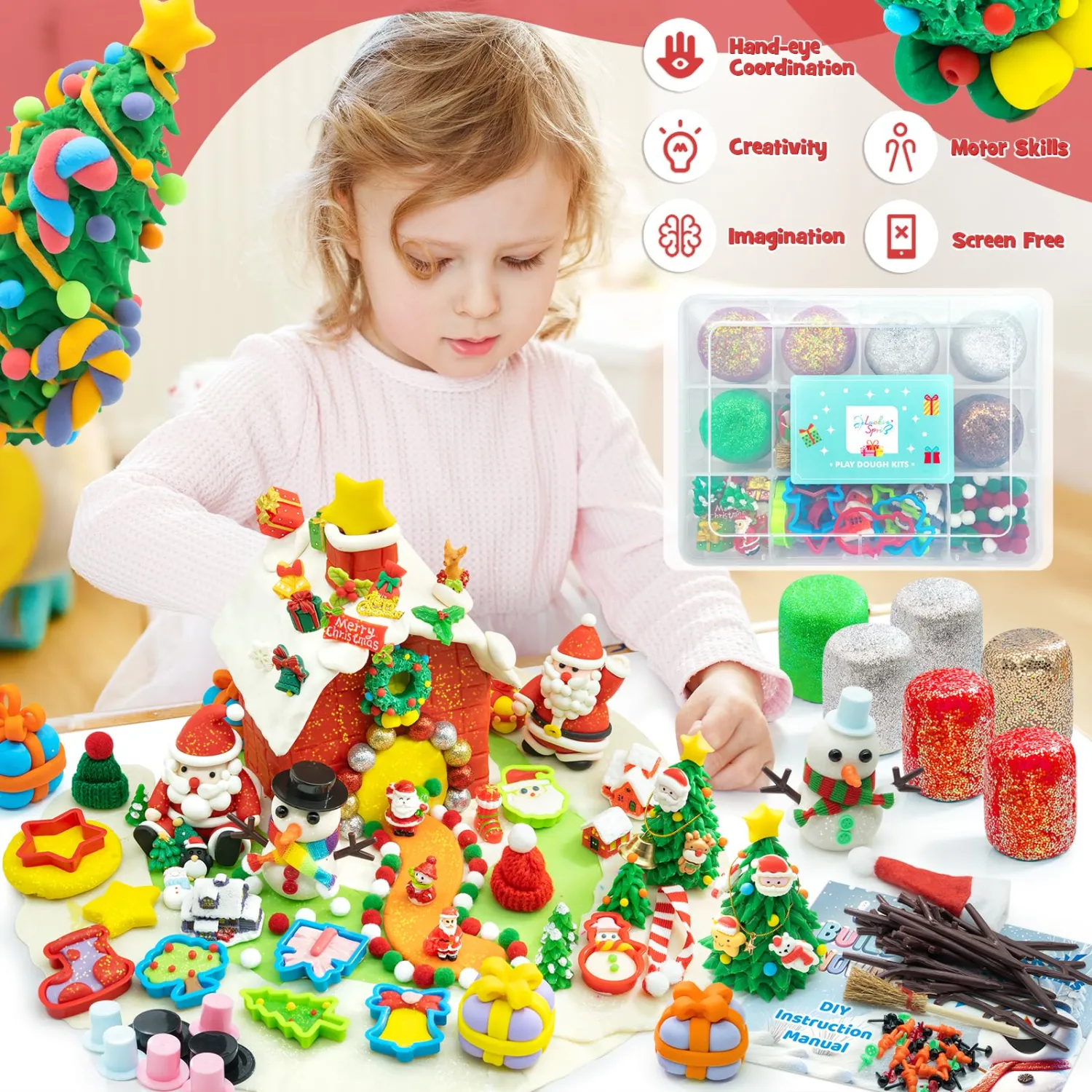 Christmas Sensory Dough Kit with 6 PCS 18oz Glitter Doughs & Accessories(280+pcs), DIY Christmas Crafts Kids, Stocking Stuffers for Kids, Build a Snowman Kit with Ornaments Creative Gift