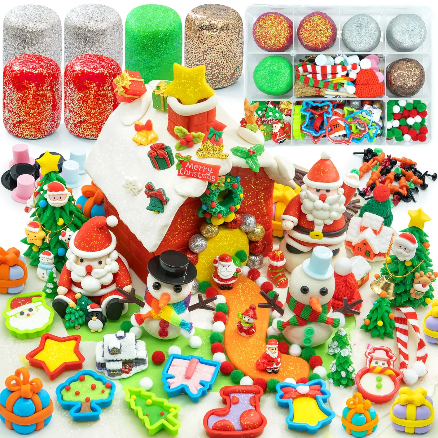 Christmas Sensory Dough Kit with 6 PCS 18oz Glitter Doughs & Accessories(280+pcs), DIY Christmas Crafts Kids, Stocking Stuffers for Kids, Build a Snowman Kit with Ornaments Creative Gift