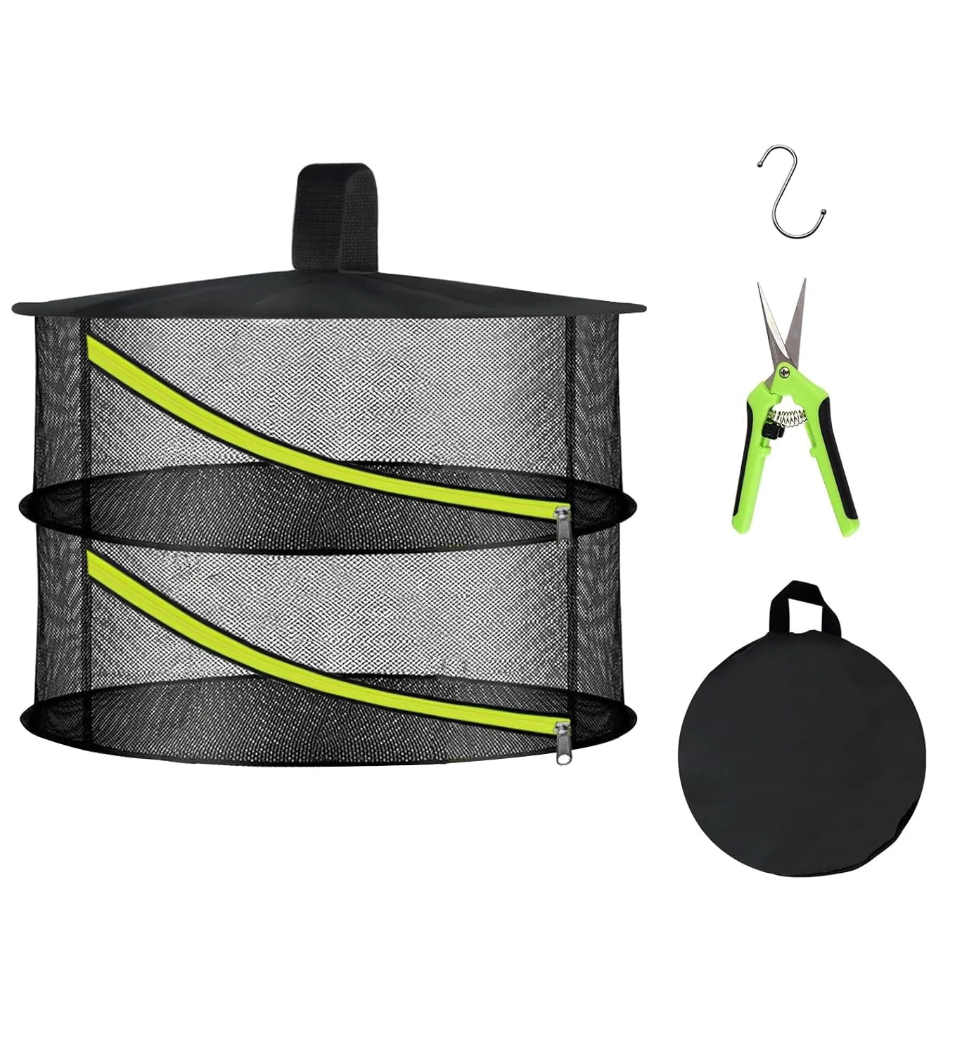 2 Layer Herb Drying Rack, Hanging Mesh Net, Foldable Plant Drying Rack with Diagonal Zipper, Garden Trimming Shears and Hooks, for Drying Herbs Plants, Fruits, Seafood, Clothing(2 Layers-23.62'')