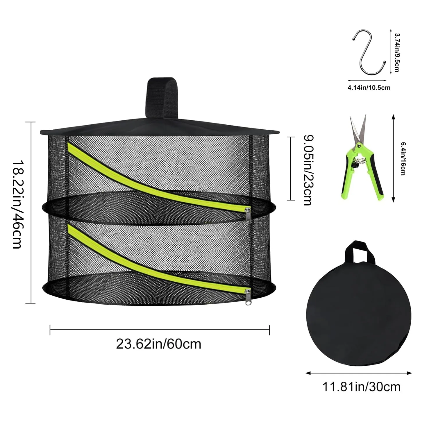 2 Layer Herb Drying Rack, Hanging Mesh Net, Foldable Plant Drying Rack with Diagonal Zipper, Garden Trimming Shears and Hooks, for Drying Herbs Plants, Fruits, Seafood, Clothing(2 Layers-23.62'')