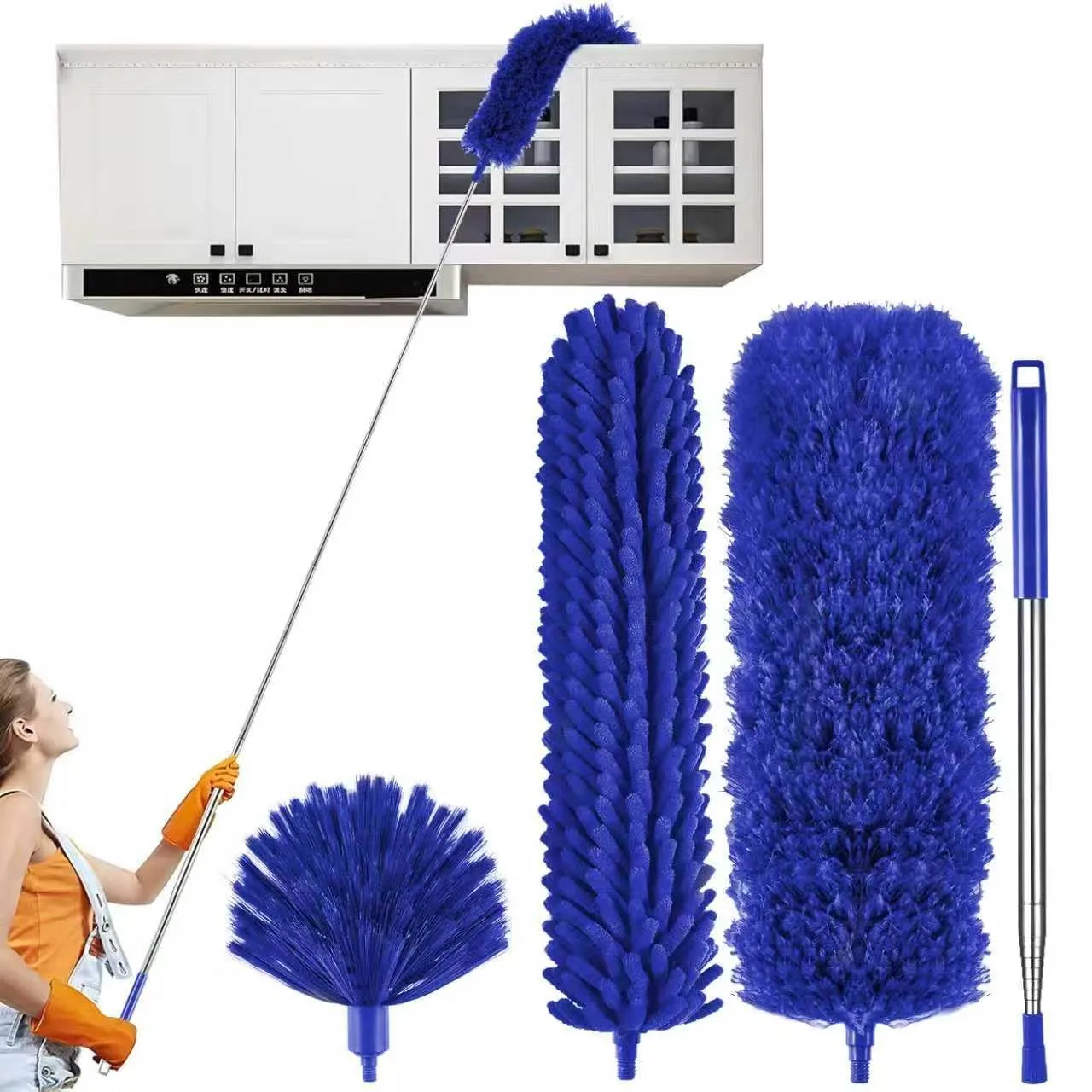 4 Pcs Microfiber Cobweb Duster with 100-inch Extendable Pole, Washable and Reusable Feather Cleaning Duster Kit with 3 Duster Heads,Dusters for Cleaning with Telescopic Pole for High Ceiling Fan,Blue