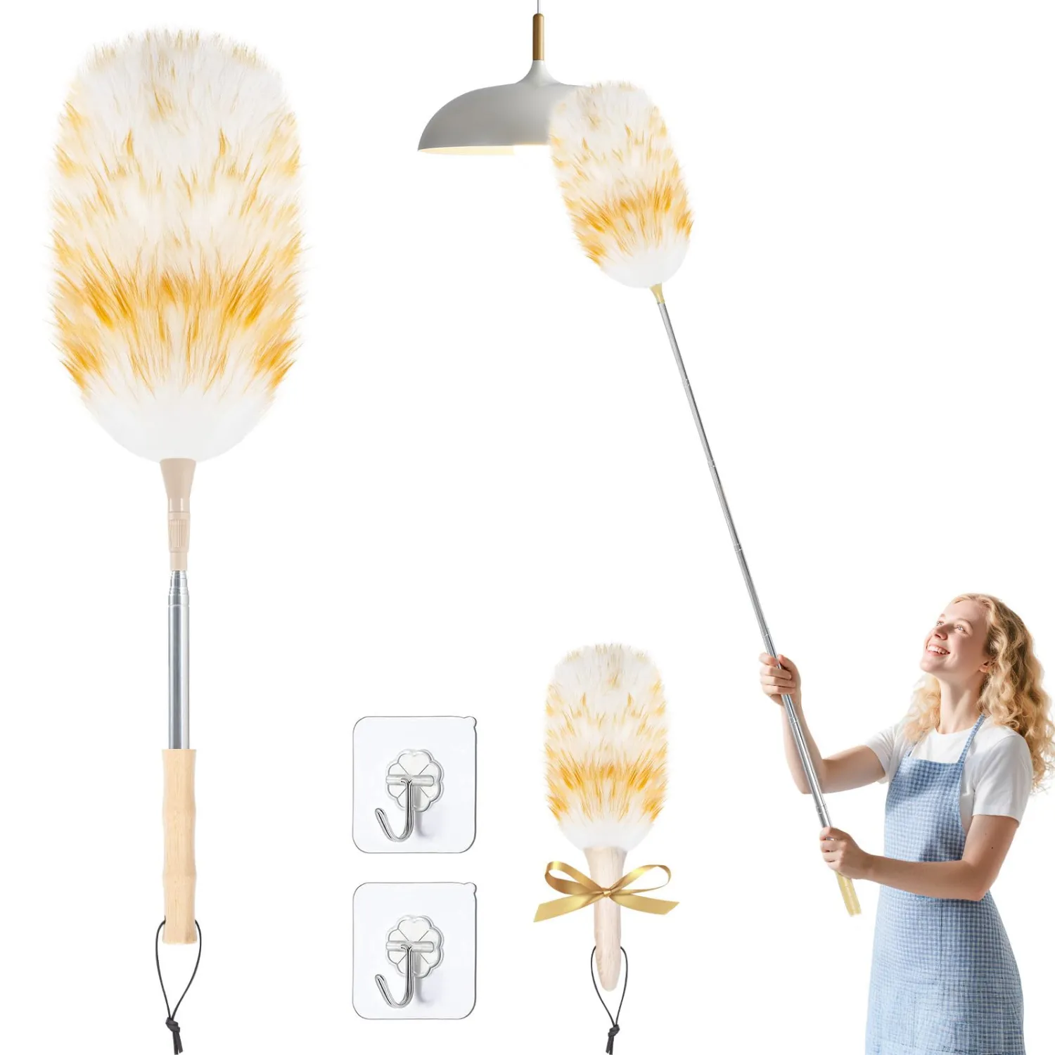 LOVECO Feather Duster for Cleaning, Extendable Lambswool Duster 29-49 Inch for Cleaning Fans, Ceiling, Includes: Sticky Hooks×2, Small Duster×1, Electrostatic Dusters Suitable for Office, Home, Car