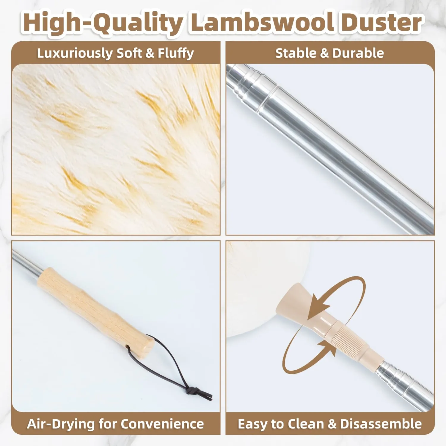 LOVECO Feather Duster for Cleaning, Extendable Lambswool Duster 29-49 Inch for Cleaning Fans, Ceiling, Includes: Sticky Hooks×2, Small Duster×1, Electrostatic Dusters Suitable for Office, Home, Car