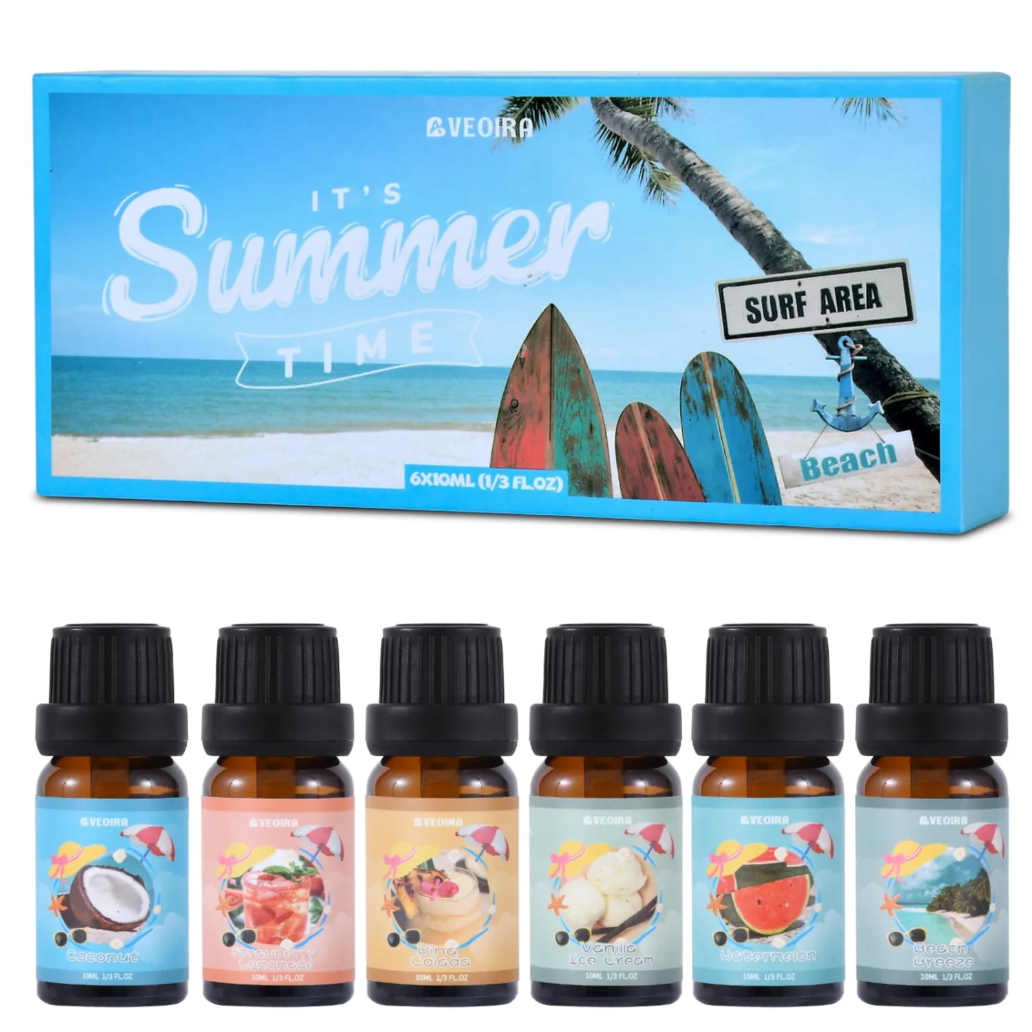 Summer Fragrance Oils Set, AVEOIRA Beach Essential Oil Set for Diffuser, Candle, Soap Making Scented Oils, Pina Colada, Strawberry Lemonade, Watermelon, Vanilla Ice Cream, Coconut, Ocean Breeze