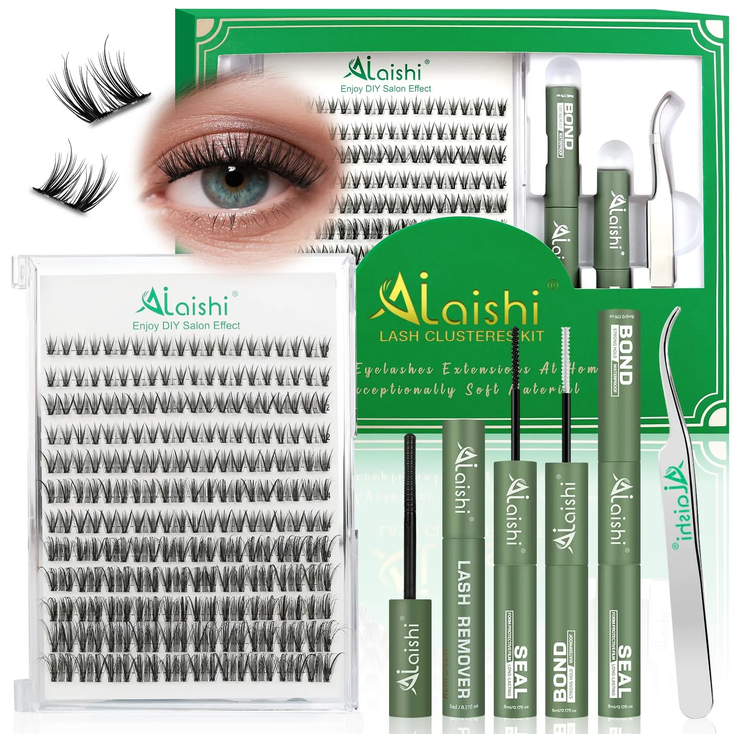 Lash Clusters Kit, DIY 3D Cluster Eyelash Extensions 10‑18mm,120pcs Fluffy D Curl Soft Natural Lashes with Bond and Seal,Remover,Tweezers–Fake Cat Eye Wispy Individual Clusters MIX1-1-L