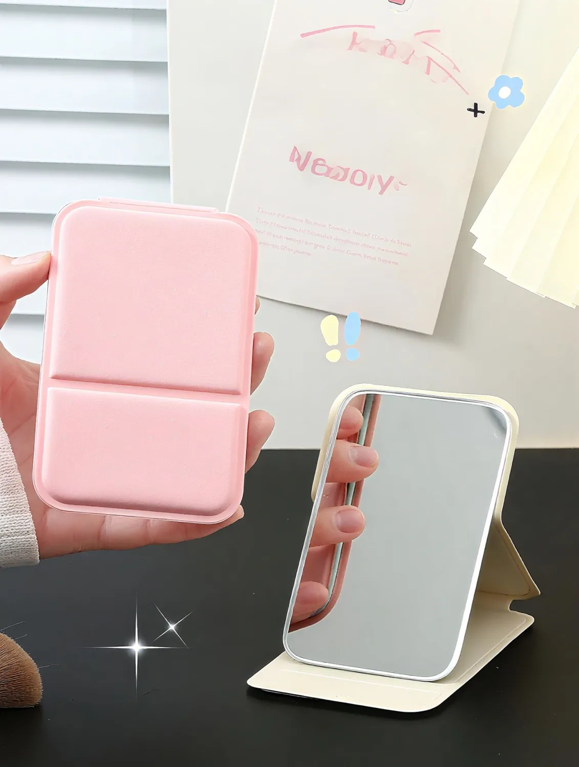 Portable Travel Mirror with Stand, Compact Folding, Mini Makeup Mirror for Pocket and Purse, Tabletop Handheld Mirrors for Men Women Girls