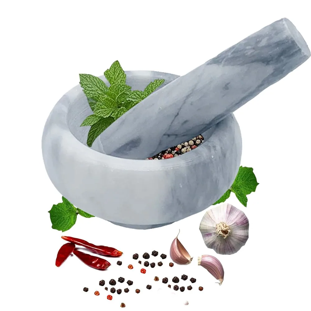 Marble Mortar and Pestle Set, Hibucuo Small 3.5 Inches Grinder Bowl for Guacamole,Pestos Seasonings Pastes, Salsa, Pills Crusher, Spice, Herb, Garlic, Nut, Heavy Duty Grinder (GrayWhite)