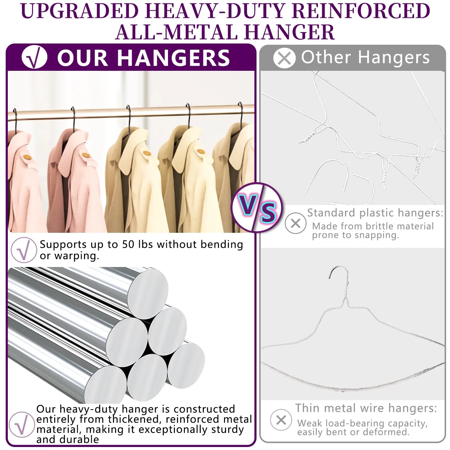 40Pack Heavy Duty Metal Hangers+5 Clothes Pins, Thickened and Reinforced Black Metal Hangers, Weight Capacity 50 lbs, Heavy Duty Hanger for Coats, Suits, Shirts, Dresses