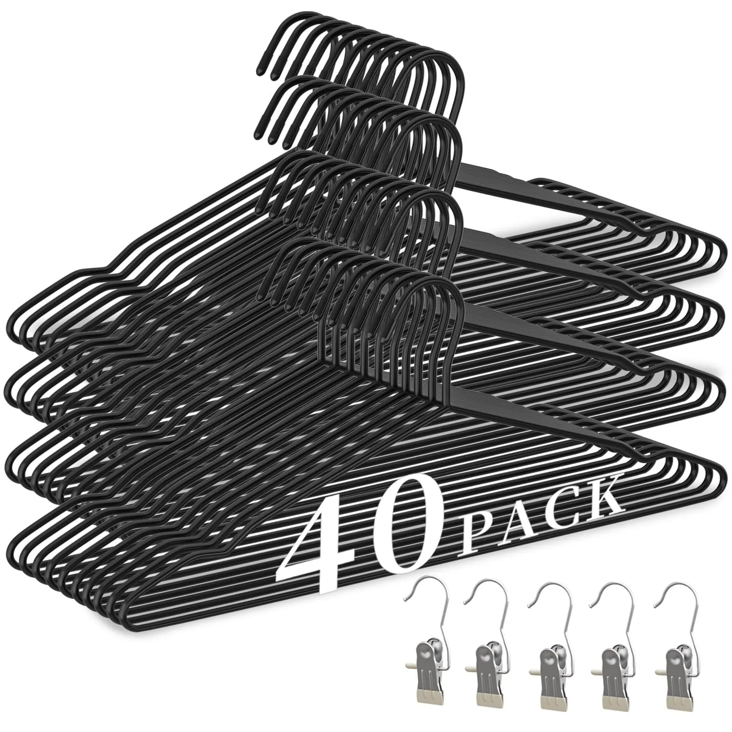 40Pack Heavy Duty Metal Hangers+5 Clothes Pins, Thickened and Reinforced Black Metal Hangers, Weight Capacity 50 lbs, Heavy Duty Hanger for Coats, Suits, Shirts, Dresses