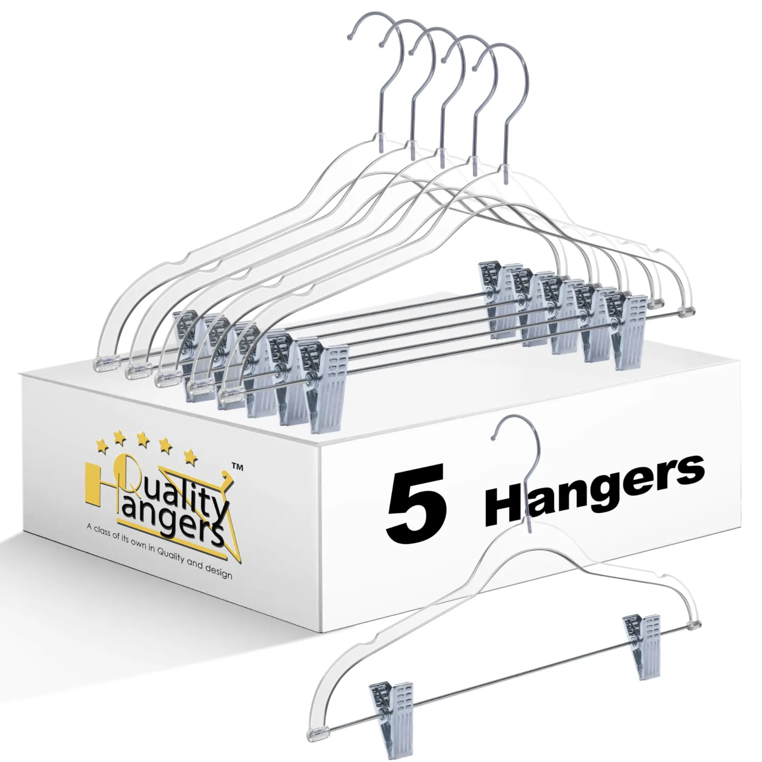 Clear Plastic Pants Hangers with Clips 5 Pack | Heavy Duty Skirt Hangers Swivel Hook and Notches | Space Saving Acrylic Clip Hangers for Pants | Suitable for All Clothing | 16.5 Inch (Clear, 5)