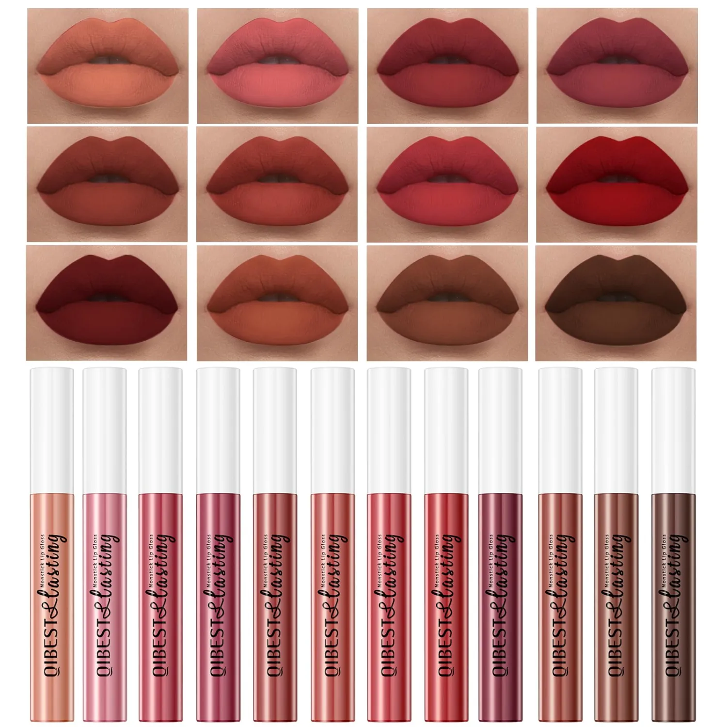 12Pcs Makeup Matte Lipstick Lip Kit, Warm Neutrals & Vintage Reds Non-Stick Cup Not Fade Liquid Lipstick Waterproof Long Lasting Durable Nude Lip Gloss Beauty Cosmetics Gift Box Makeup Set Kit