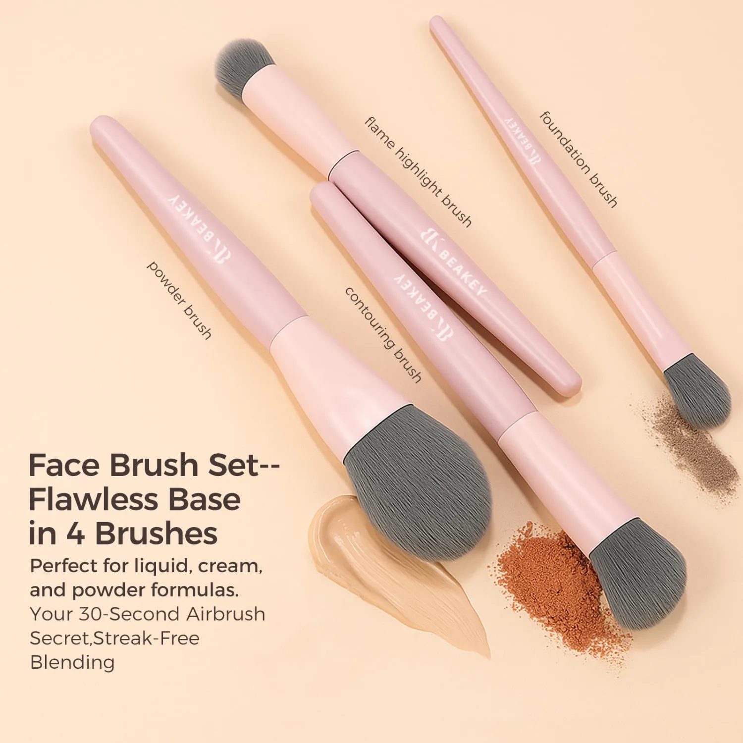BEAKEY Pink Makeup Brushes Set–10 Pcs Taklon Bristles for Foundation Powder Blush Contour Eyeshadow & Concealer with Durable Birch Handles