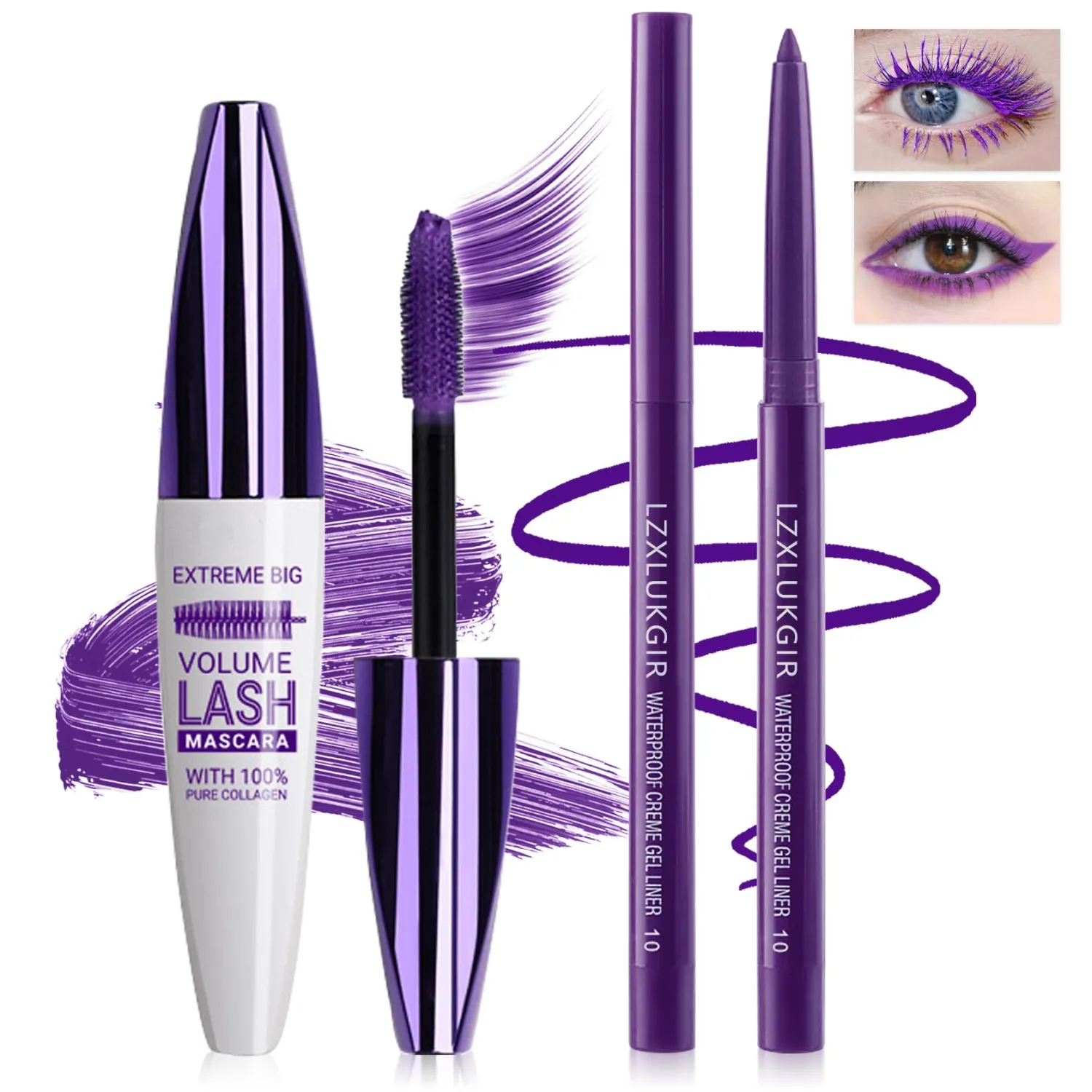 Purple Mascara and Eyeliner Set,5D Colored Volume and Length Waterproof,Purple Mascara for Eyelashes,Natural Lengthening Curling,Suitable for Women