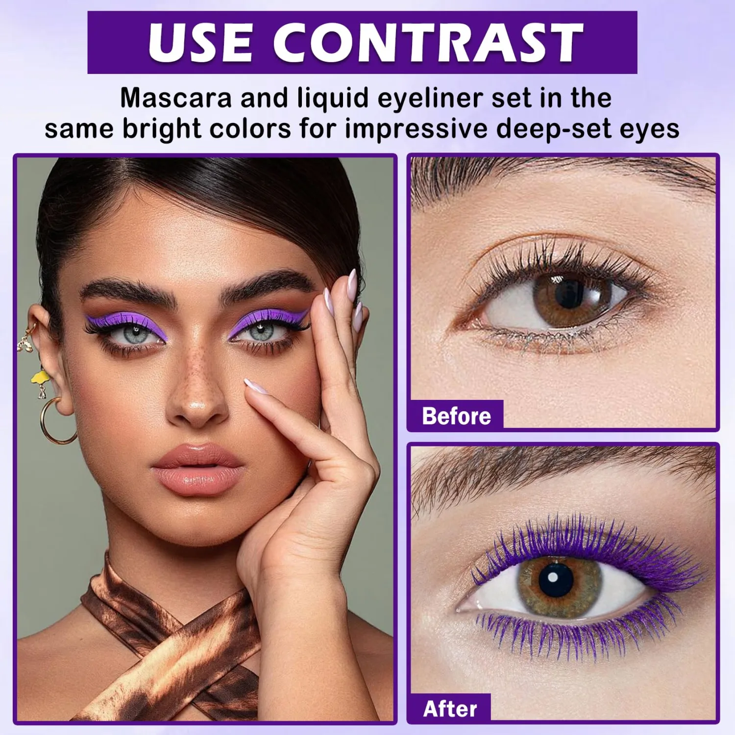 Purple Mascara and Eyeliner Set,5D Colored Volume and Length Waterproof,Purple Mascara for Eyelashes,Natural Lengthening Curling,Suitable for Women